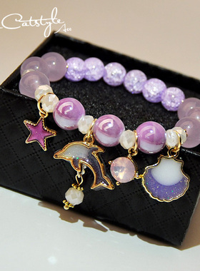 SeaCat女爆花晶贝壳海豚韩版手链