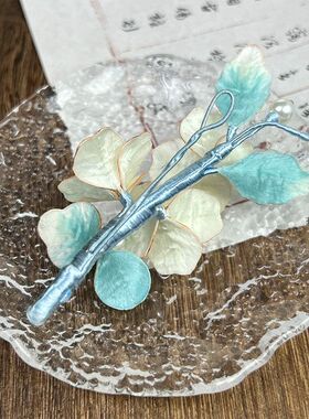 非遗绒花发夹清透浅天青白清冷气质高级汉服发饰