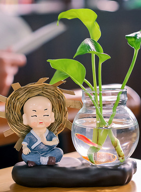 创意家居树脂工艺品摆件四不小和尚插花水培绿萝花公桌汽车装饰品