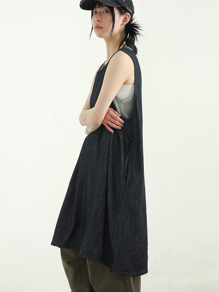 韩国代购24A/W denim pumpkin sleeveless midi ops 牛仔吊带中裙 - 图0