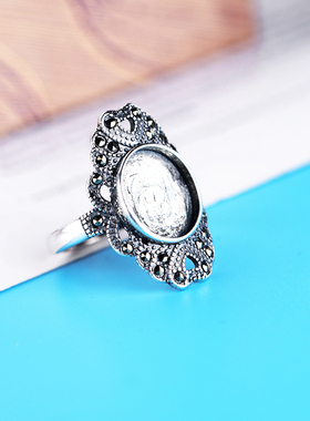 现货S925纯银戒指空托复古女镶嵌戒托可调节蜜蜡绿玉髓银托 10*12