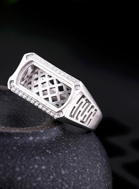 S925纯银戒指空托古法银鎏金工艺银饰戒托镶嵌翡翠蜜蜡马鞍托7*15