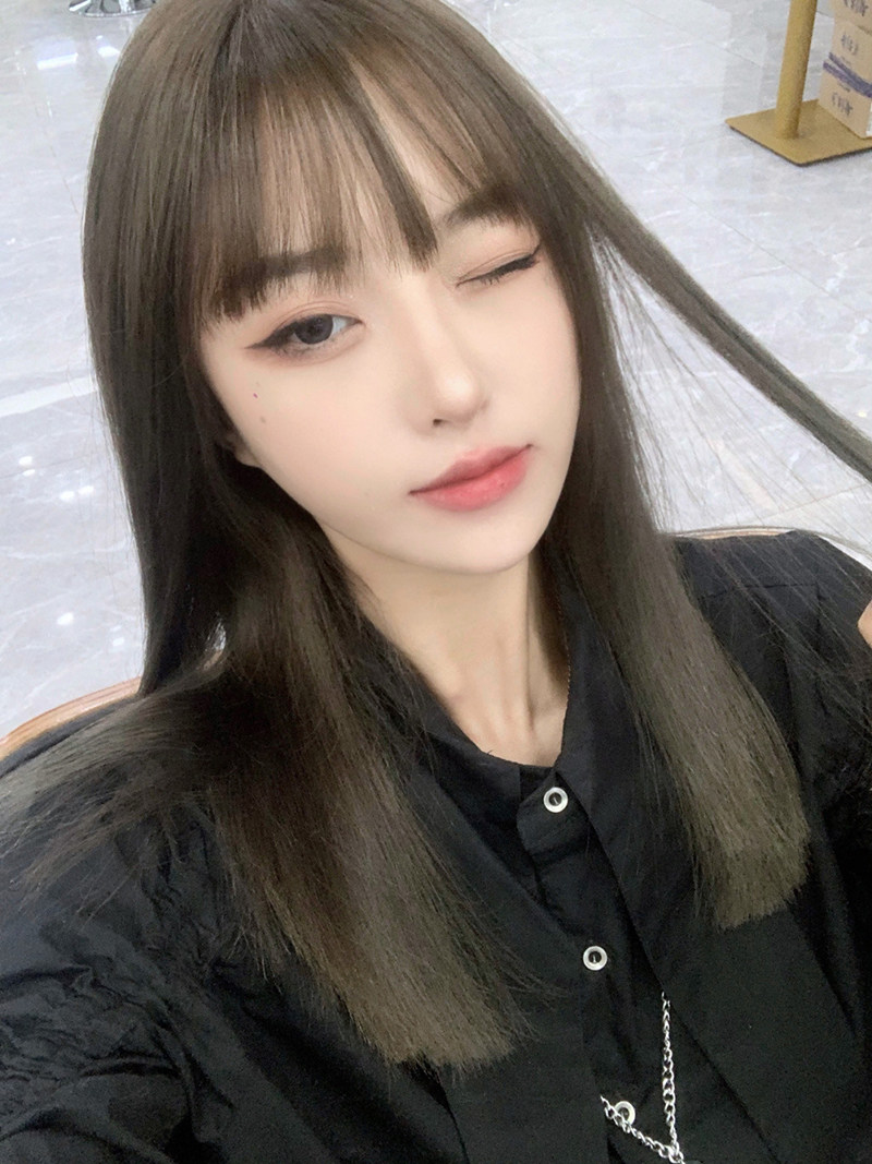 川上富江cos假发 网红齐刘海全头套冷棕色中长发自然日系发型女