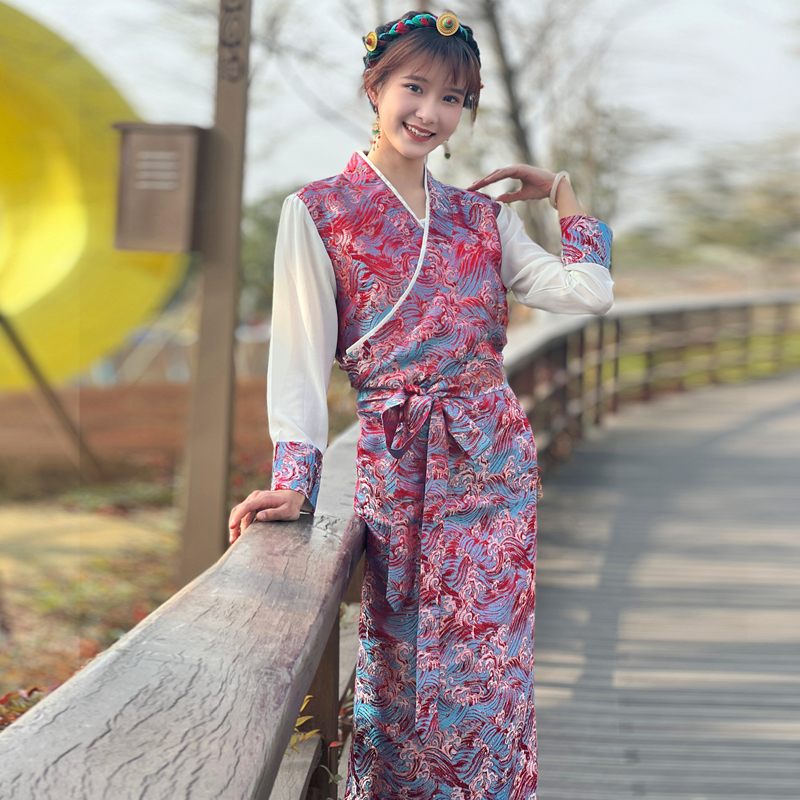 纤沫藏装女康巴藏袍女拼色西藏服锅庄裙花边锦缎博拉藏族民族风-图0