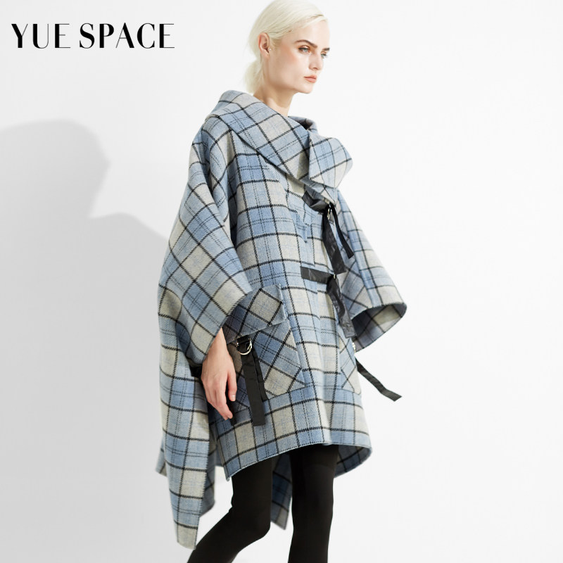 YUESPACE秋冬女士双面羊毛大衣外套斗篷中长款宽松呢子休闲格子蓝,淘宝优惠券,粉丝福利购,淘宝优惠卷