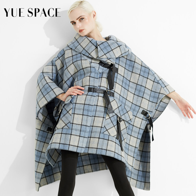 YUESPACE秋冬女士双面羊毛大衣外套斗篷中长款宽松呢子休闲格子蓝,淘宝优惠券,粉丝福利购,淘宝优惠卷