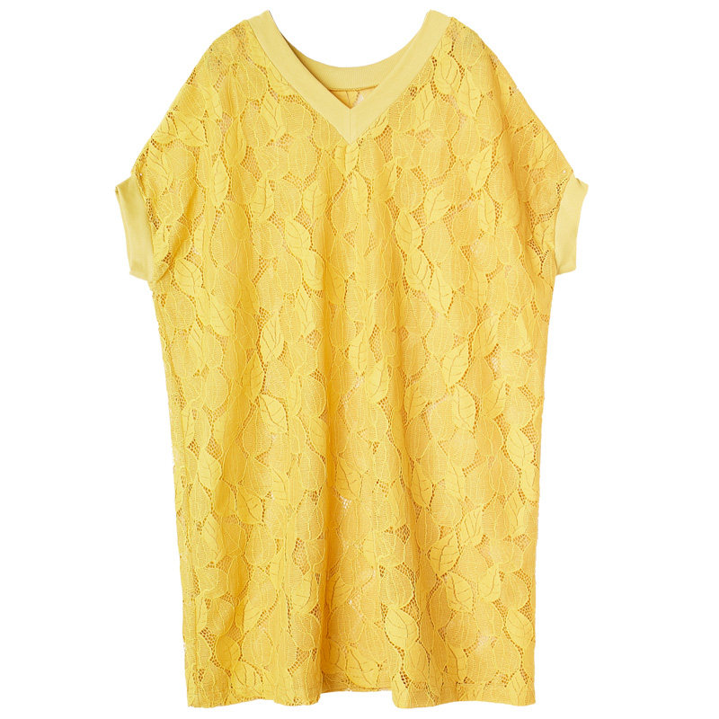 悦空间黄色蕾丝女士宽松镂空套头衫 悦空间服饰蕾丝衫/雪纺衫