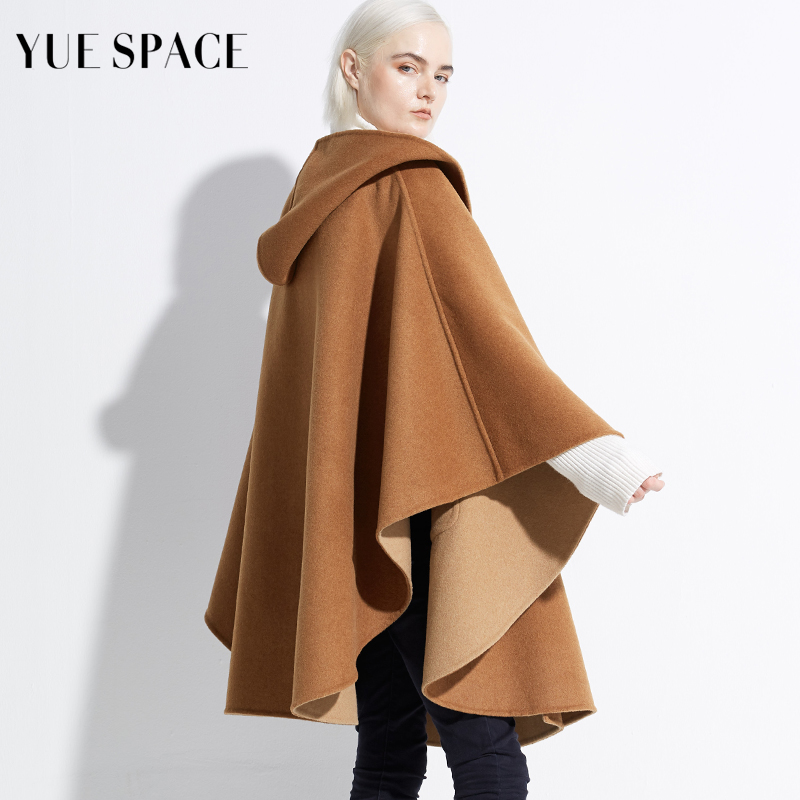YUESPACE双面羊毛斗篷大衣连帽时尚宽松毛呢外套中长款女秋冬高端 - 图1
