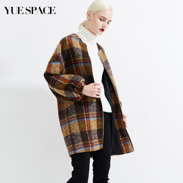 悦空间宽松毛呢大衣格子外套女拉链门襟圆领灯笼袖口中长款秋冬装