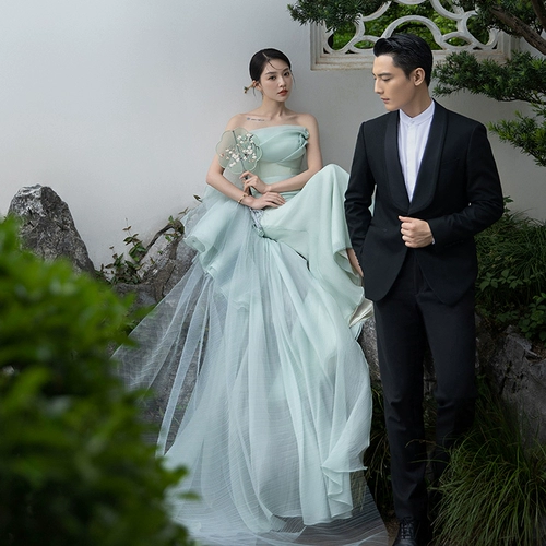 Зеленое свадебное платье для влюбленных, китайский стиль, крой «рыбий хвост»