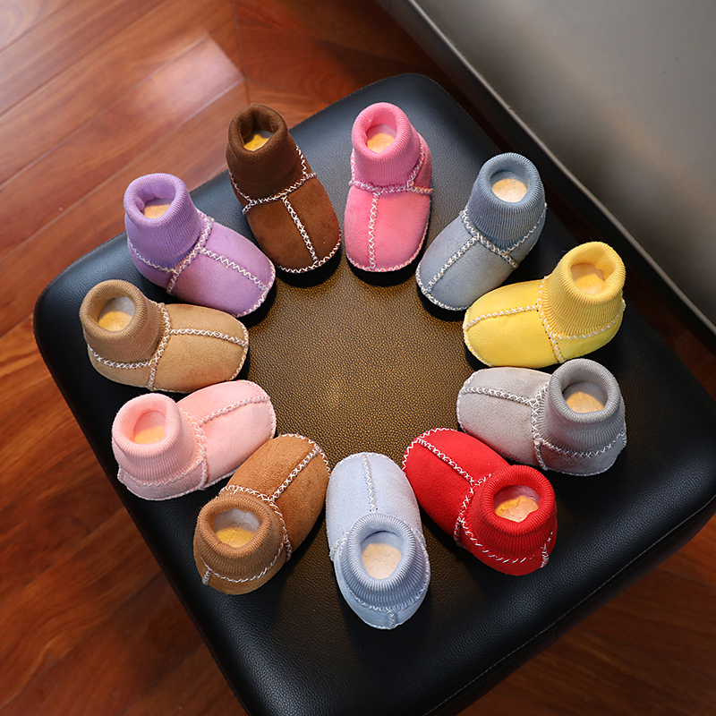 仿皮毛一体宝宝鞋袜婴儿保暖秋冬季软底袜套步前鞋子0-3-6-12个月 - 图0