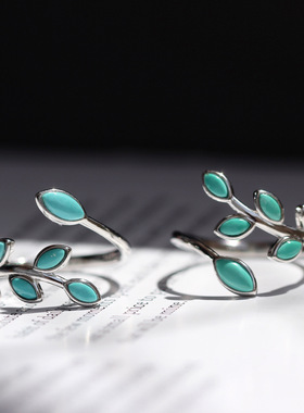 天然湖北原矿绿松石戒指金枝玉叶s925纯银开口戒指蓝松石