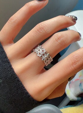 S925纯银镂空鸢尾花戒指女轻奢气质小众设计复古食指戒时尚高级感