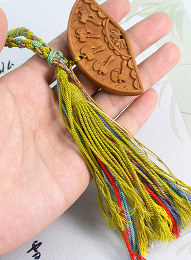 新中式diy手把件藏式流苏手搓绳桃木木雕挂件包包配饰五福临门