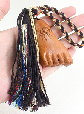 创意DIY手搓棉线藏式流苏手把件桃木木雕挂件包包手把绳知足常乐