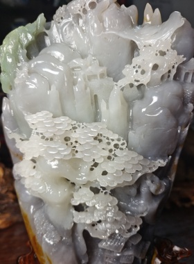 顶奢风生水起 山水为财 天然和田玉青花籽带翠 手工制作家居摆件