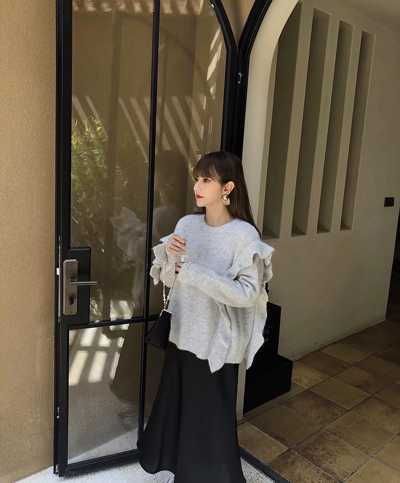 LANGBOOM  仙甜温柔塔  羊驼绒超美套头木耳边针织百搭毛衣 - 图2