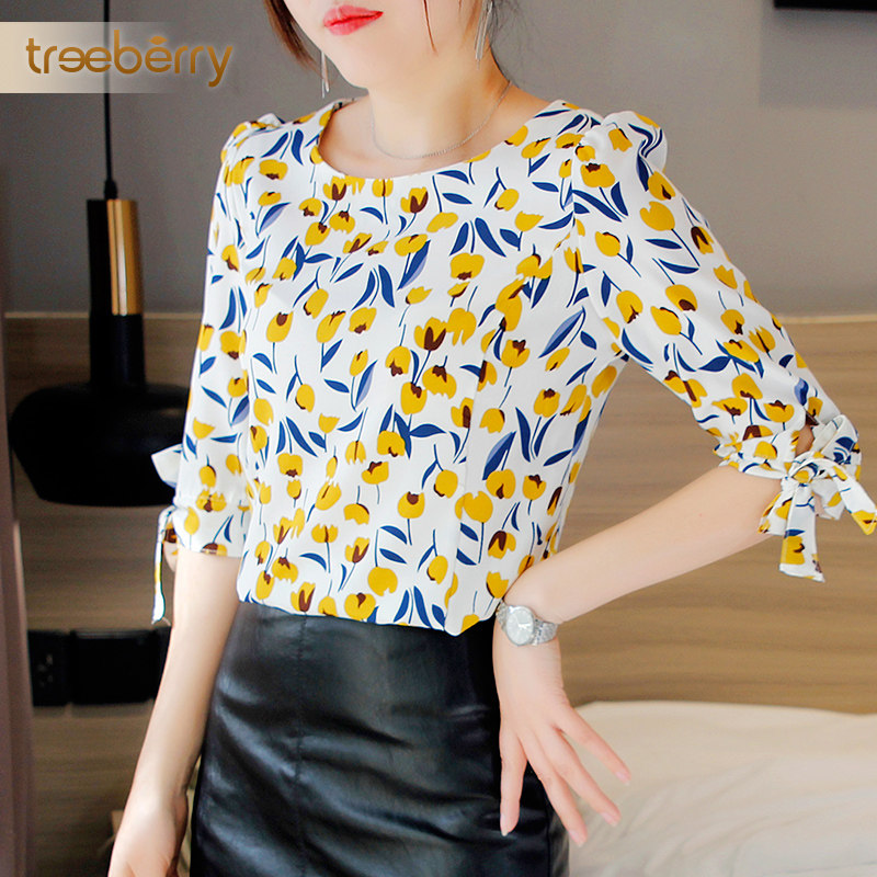 碎花雪纺衫女短袖遮肚子显瘦衬衫 treeberry蕾丝衫/雪纺衫