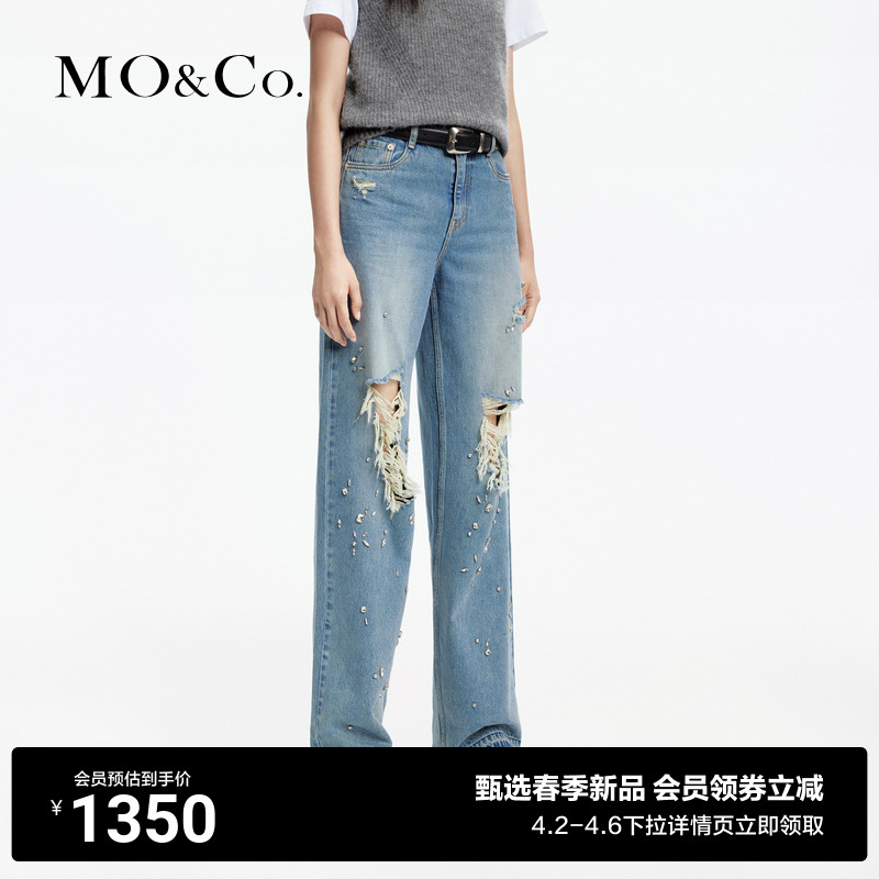 MOCO2024春新品手缝钻破洞拉须怀旧洗磨土耳其棉牛仔裤MBD1JEN026-图0