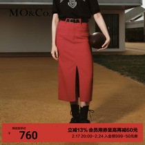 MOCO2023 autumn New products High waist A word open fork retro red cotton quality denim skirt half body dress MBC3SKT030