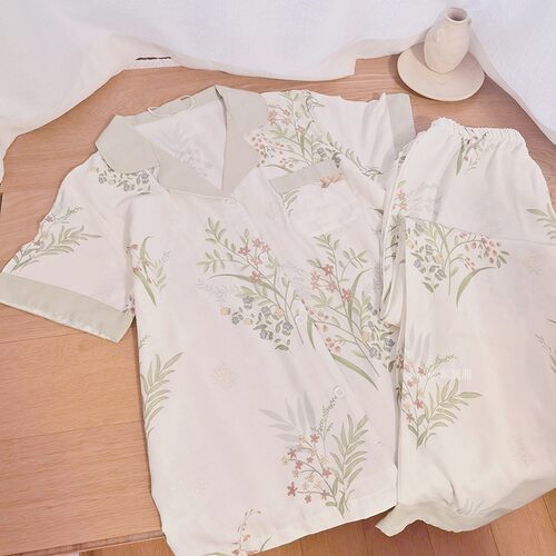 睡衣女夏季竹纤维纱布密境小鹿长袖短袖长裤春秋款竹棉家居服套装 - 图1