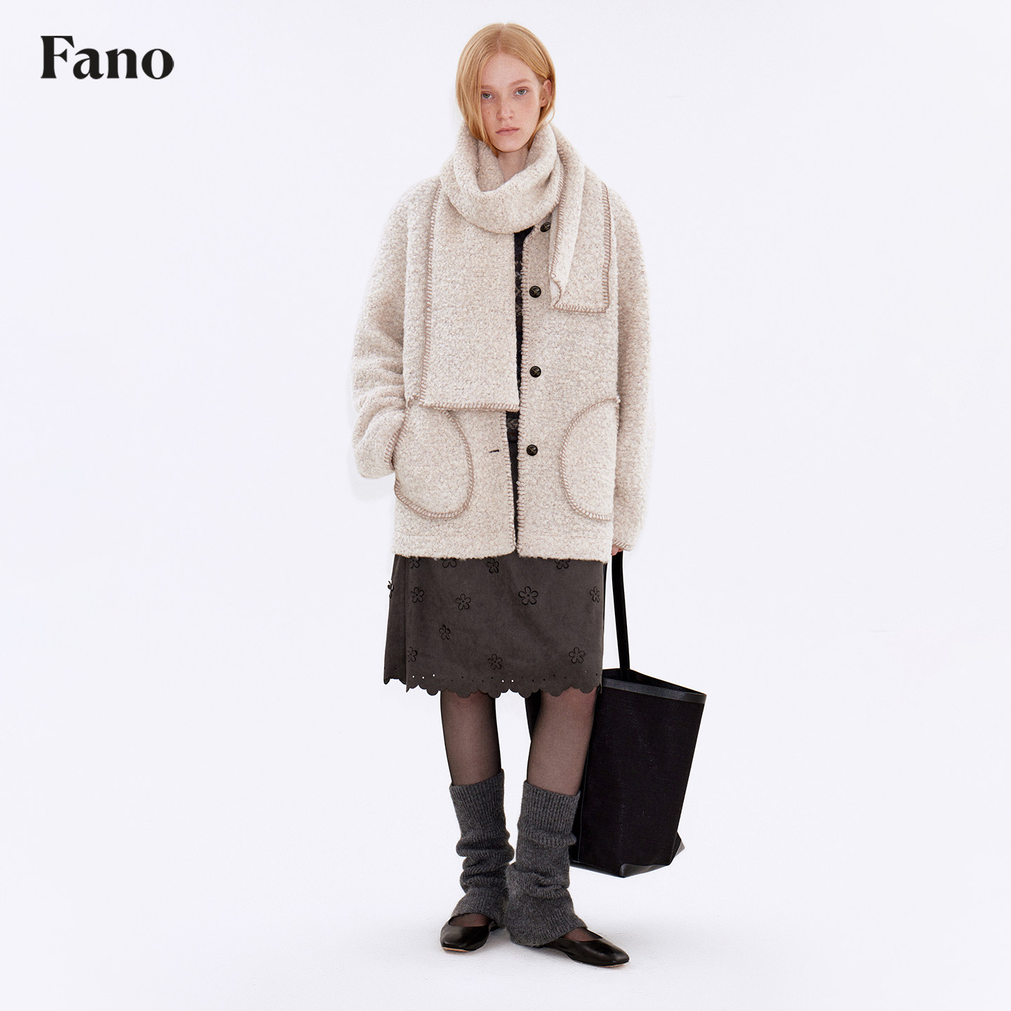 范洛Fano 糯感杂米色圈圈呢撞色E字贝可拆卸围巾毛呢外套两件套女,淘宝优惠券,粉丝福利购,淘宝优惠卷