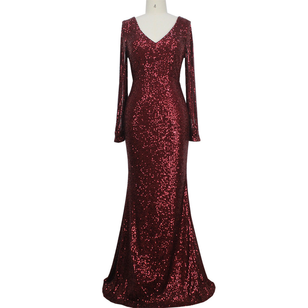 2019秋冬跨境热销新款欧美长款长袖女装流苏长袖亮片鱼尾晚礼服