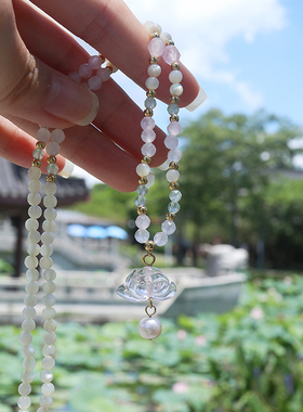 清水芙蓉天然粉水晶莲花项链
