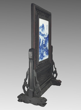 陶瓷仿古风粉彩山水图小插屏摆件