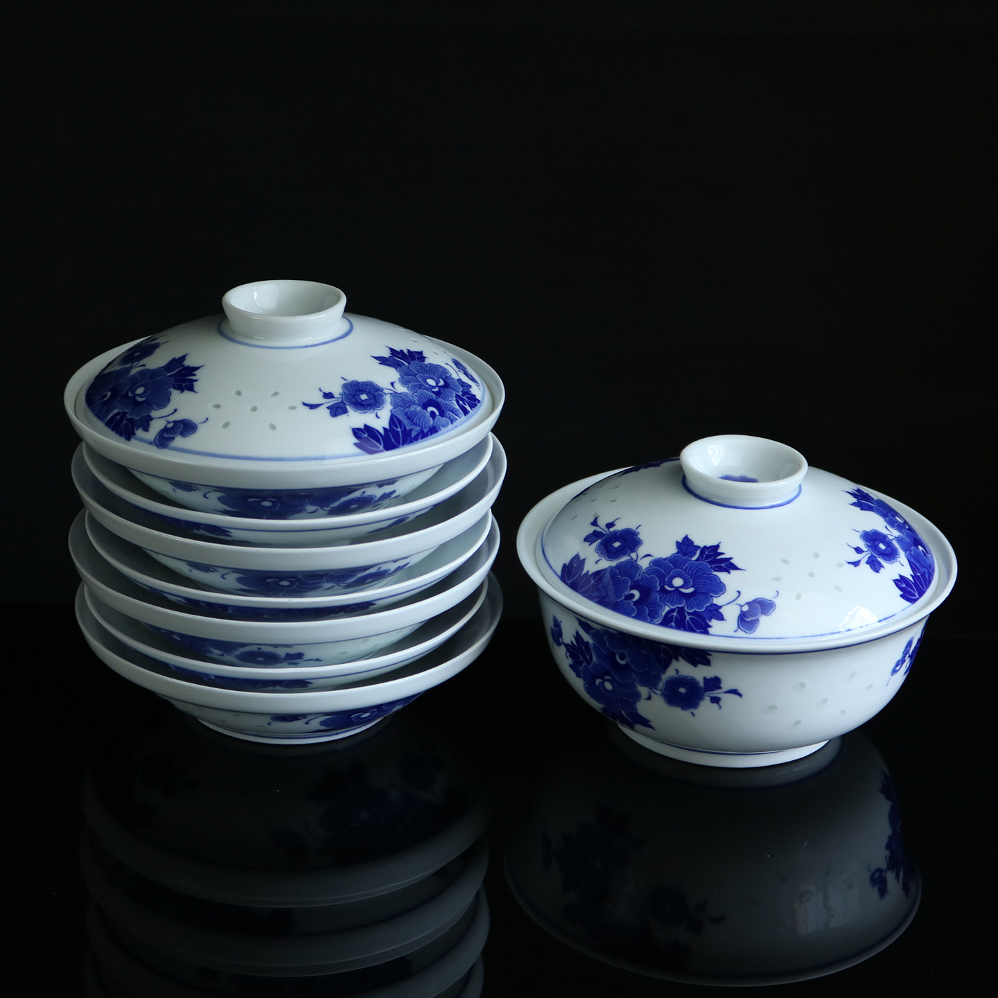 景德镇青花玲珑带盖盘子中式保温菜盘家用陶瓷餐具合器碟子套装,淘宝优惠券,粉丝福利购,淘宝优惠卷