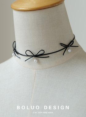 菠萝手作甜酷辣妹珍珠蝴蝶结项圈