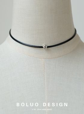 菠萝手作黑色pu皮银色星星项圈