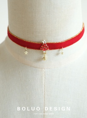 菠萝原创手作红丝绒圣诞树锁骨链
