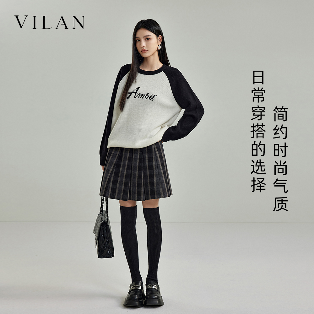 vilan/慧兰轻奢减龄撞色100羊毛针织衫女2025新款时髦打底衫上衣 - 图1