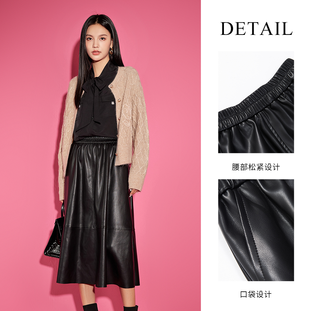 vilan/慧兰PU皮半身裙女中长款高腰A字裙2025春秋新款气质长裙子 - 图1