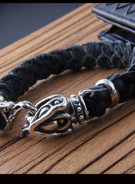 真皮手链 个性男士链 正品925银饰 潮男机车个性款 翼龙雕刻手链
