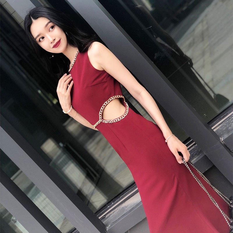 红色礼服年会酒会晚宴会晚装长裙名媛气质一步裙修身小心机连衣裙_虎窝淘