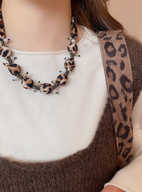 秋冬复古布艺印花木珠爱心几何吊坠项链配饰女百搭毛衣链气质项饰