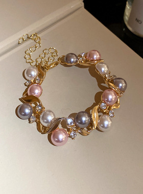 镶钻珍珠花边耳环项链套装中古vintage气质锁骨链轻奢高级感项饰