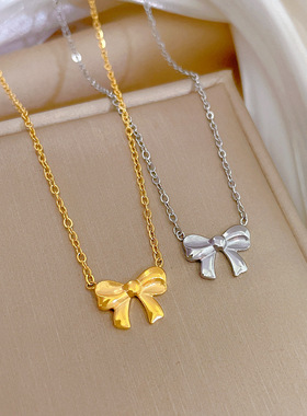 【通体钛钢】简约蝴蝶结气质个性极简风炉内真金项链女ins锁骨链