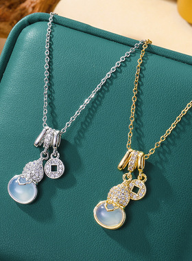 新款中国风热卖铜币仿玉髓流苏葫芦钛钢项链女微镶锆石锁骨链饰品