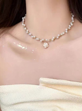 甜美轻奢山茶花珍珠项链女锁骨链小众设计高级感颈链新款爆款