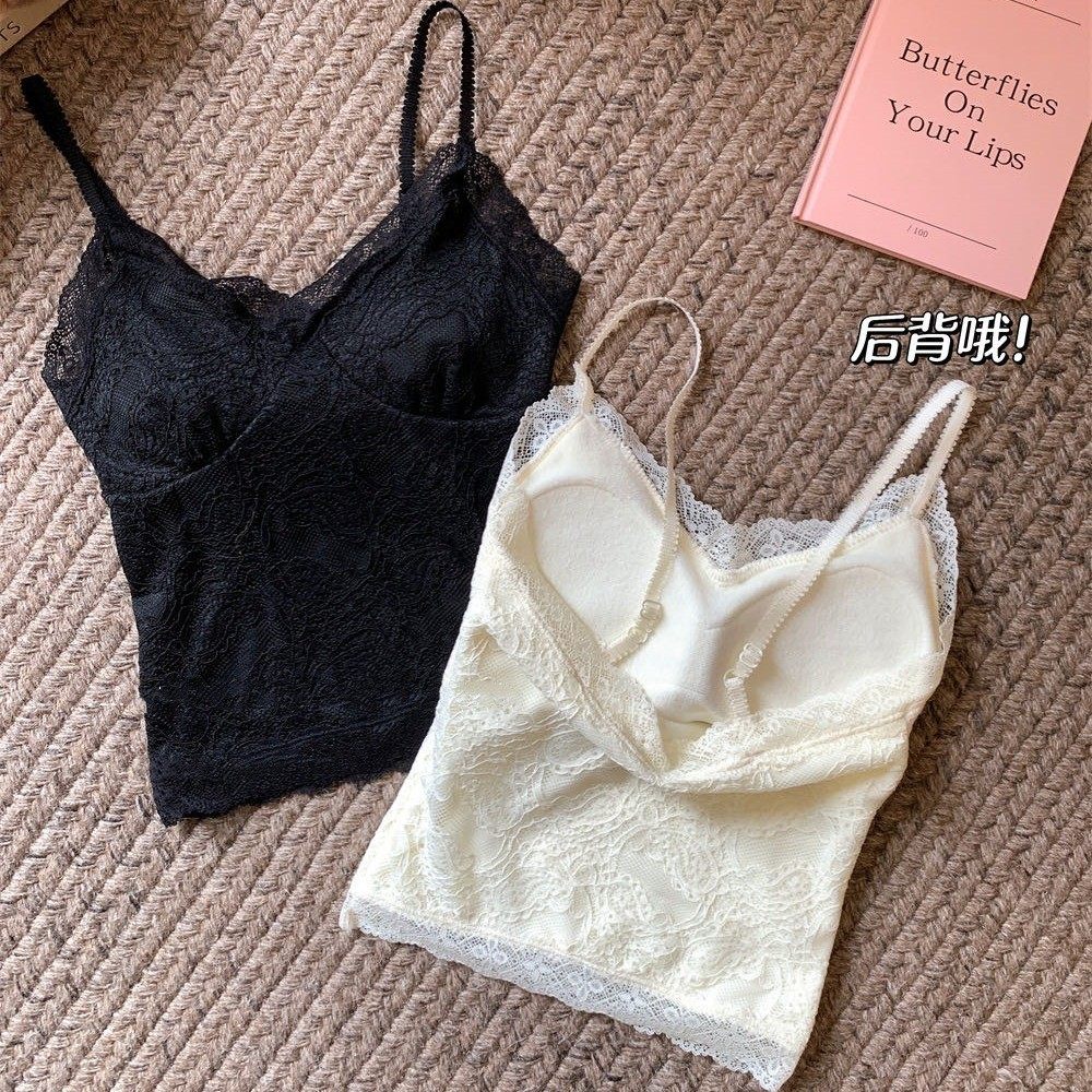法式辣妹白色蕾丝带胸垫加绒吊带背心女保暖打底内搭美背上衣,淘宝优惠券,粉丝福利购,淘宝优惠卷