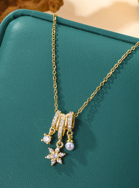 韩式新款时尚轻奢珍珠镶锆石雪花钛钢项链女百搭高级感锁骨链饰品