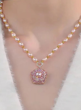 潮花朵仿天然珍珠项链女百搭小众轻奢简约锆石新中式珠宝饰品礼物