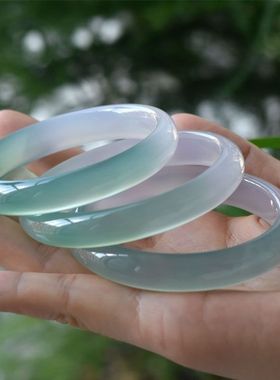 天然玉髓手镯半山半水冰种远山黛玛瑙玉镯渐变青绿色玉镯女送礼