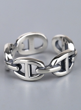 韩版个性小众设计链条戒指字母双G指环复古做旧开口戒指女款 饰品