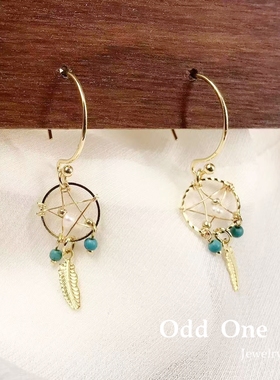 Odd One 14K包金大耳钩民族风羽毛手工捕梦网耳环耳饰