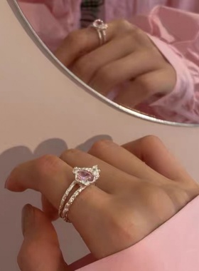 儿童粉色戒指心形女童小孩钻石宝石小宝宝女孩公主首饰品可爱水钻