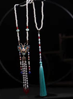 手工明制立领合金蝴蝶长流苏软璎珞古风项链百搭旗袍汉服配饰